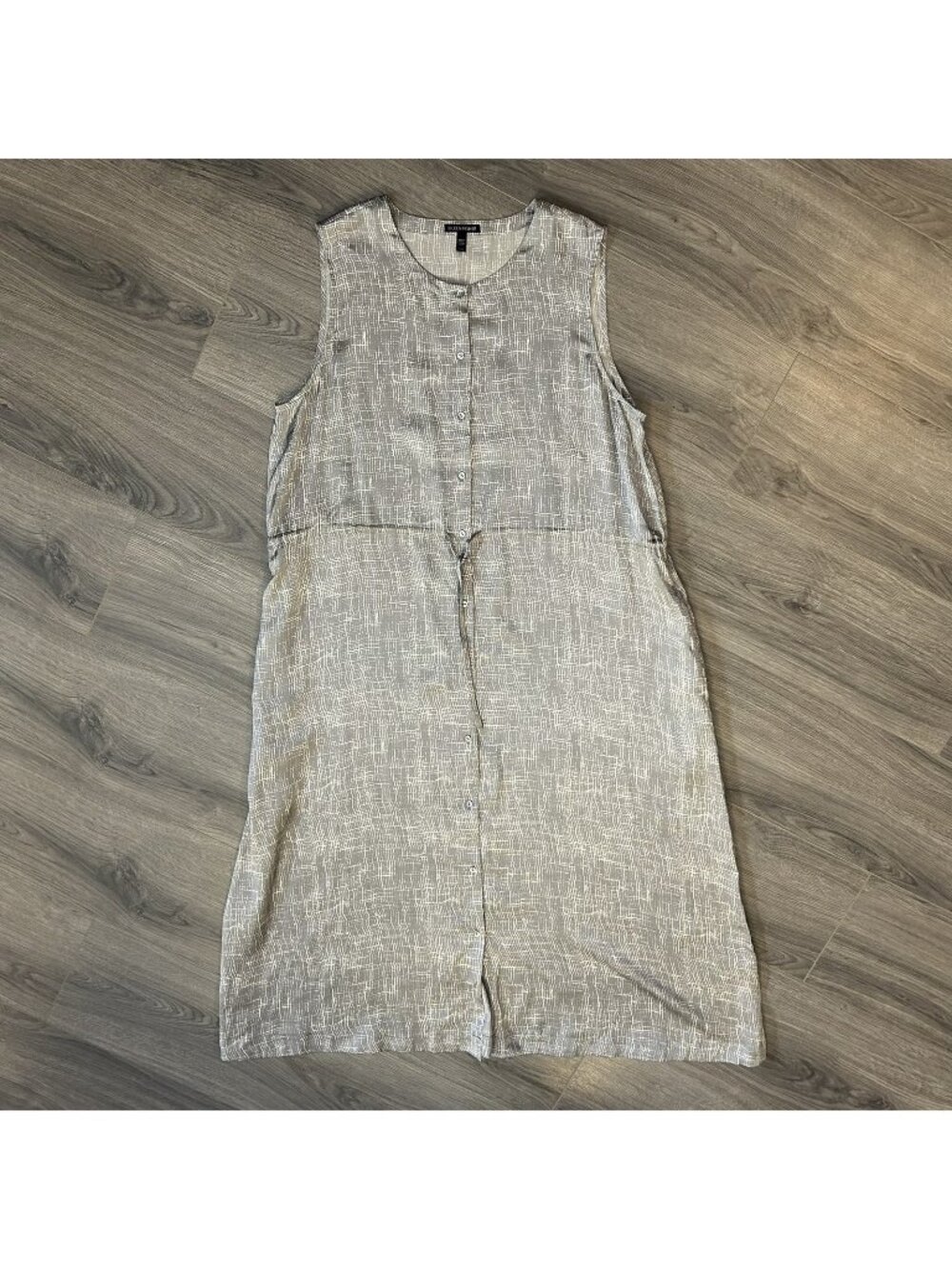 Eileen Fisher Dress Women L Gray Silk Cotton Geometric Button Shift Pockets Maxi